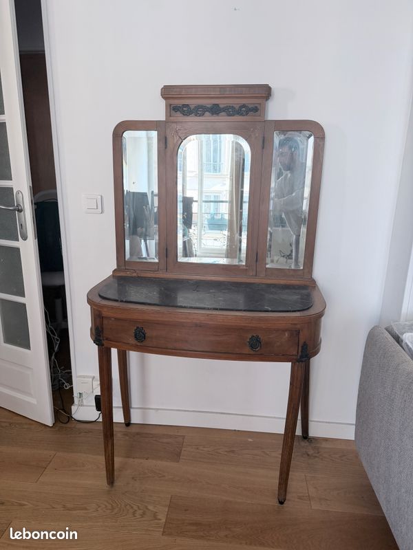 Miroir Ancien De Coiffeuse Sur Socle - Style Vintage Maison Chalet - Fabriqué Main