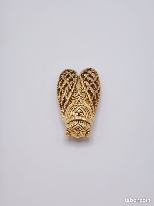 Broche Ancienne Cigale Dorée - René Gouin France - Laiton Plaqué Or - Occasion Bon état