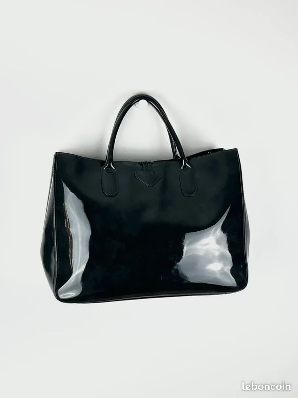 Longchamp Roseau 808 - Sac à main cabas porté épaule ou bandoulière en cuir vernis noir (image 2)