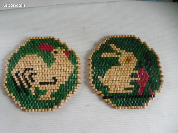 2 dessous de plat en perles de bois tissé vintage 8,5 large coloré - France