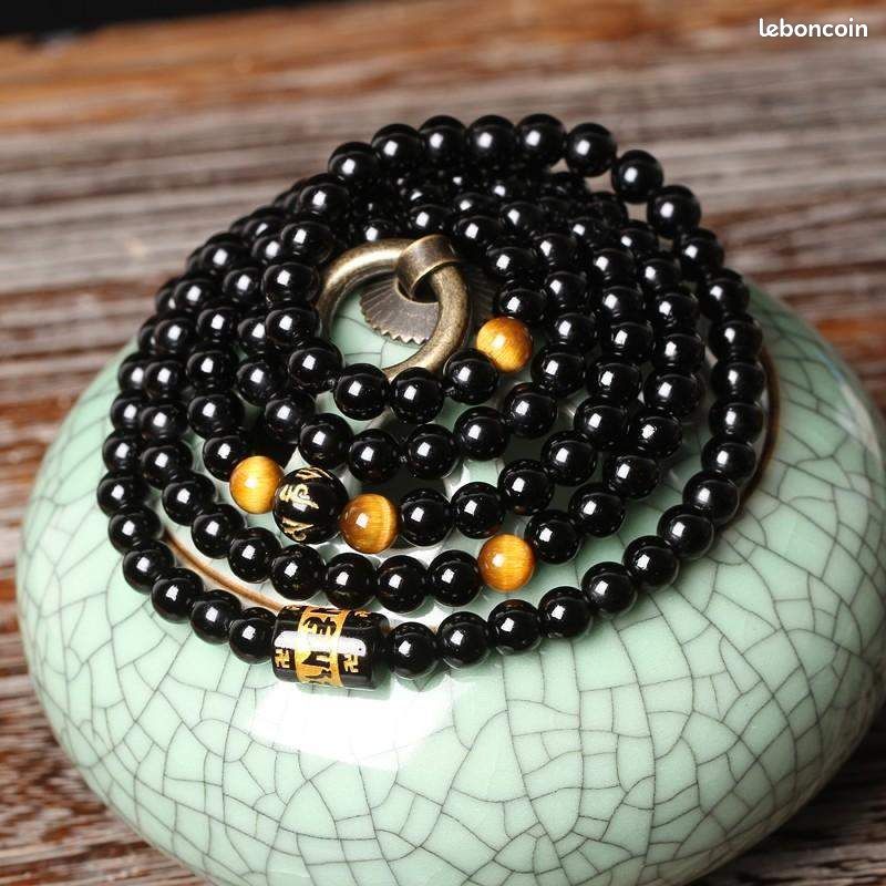 Bracelet collier Tibétain mantra multitour en Agate noire et Oeil de Tigre (image 2)