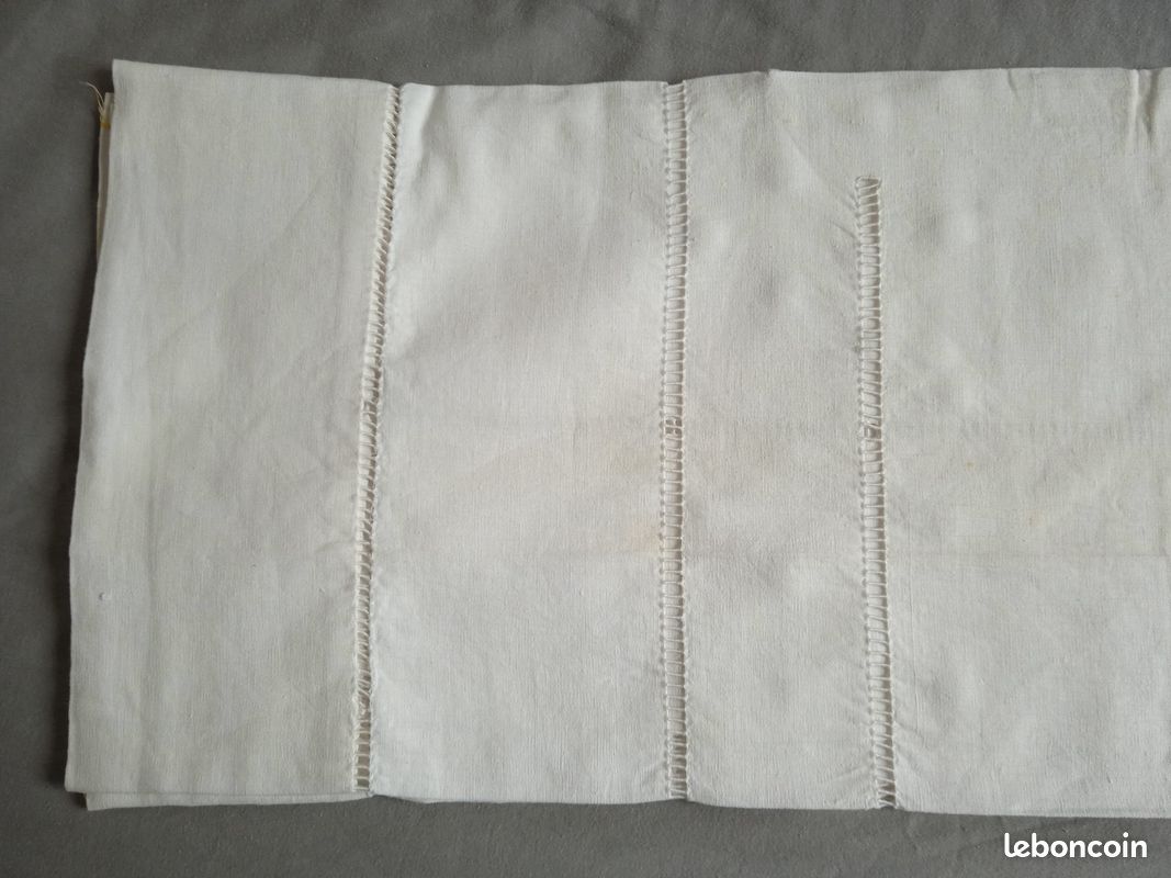 Grand Drap Brodé Ancien Coton – 290x200cm – Jours, Retour Et Plumetis – Blanc
