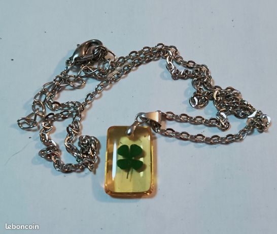 Pendentif Trèfle Porte-bonheur Vintage - Chaîne Couleur Or - Cristal - Bijou Rare