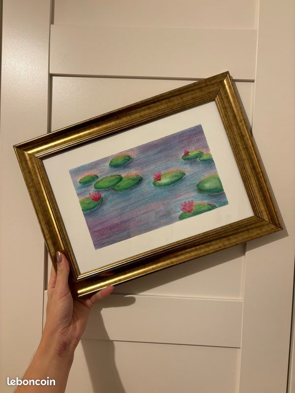 Cadre vintage doré avec dessin pastel sec Nénuphars (image 1)