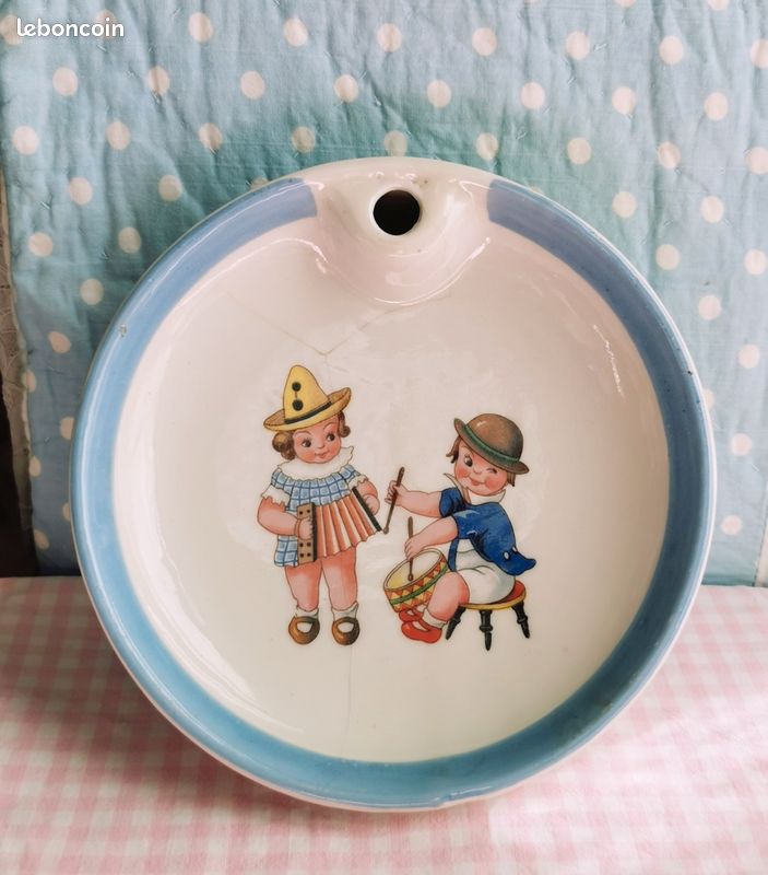 Assiette Gobelet Bébé Enfant Drexler 1950 - Tôle émaillée Motif Oie Nain Et Fleurs