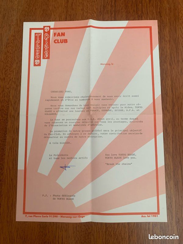 RARE - photo dédicacée par TOKYO BLADE + courrier lancement fan club 1990 (image 4)