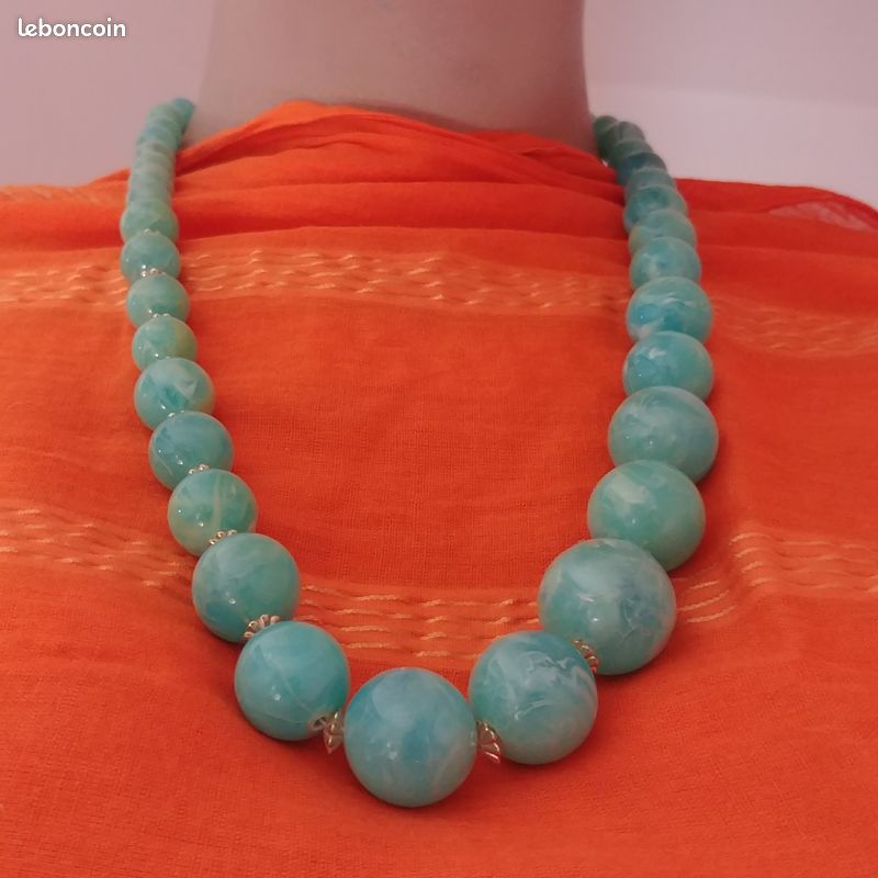 Collier Fantaisie Perles Bleues Imitation Turquoise - Occasion