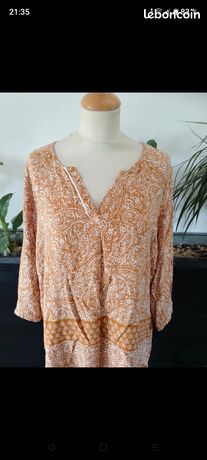 T-shirt, carreaux, encolure tunique, manches 3/4, sable de cognac | Ulla Popken