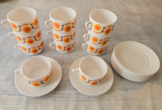 Lot De 6 Tasses à Café Arcopal Vintage - Motif Fleurs Orange, Verre Opale