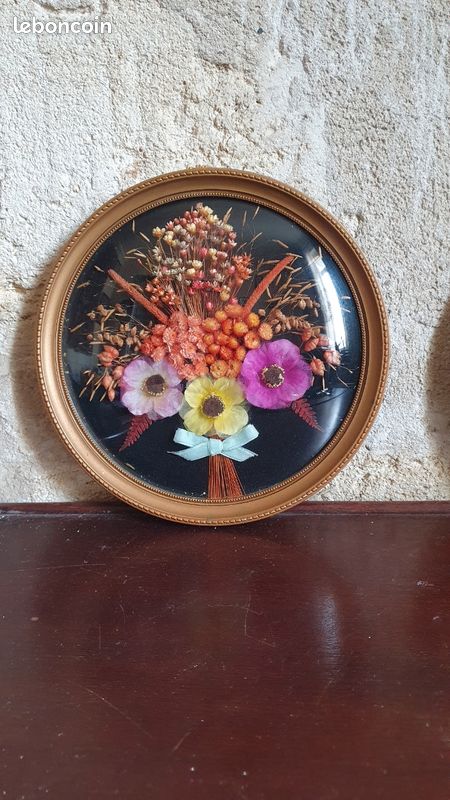 ANCIEN POT EN verre bouquet de fleurs et oiseau en tissu de 25 cm EUR