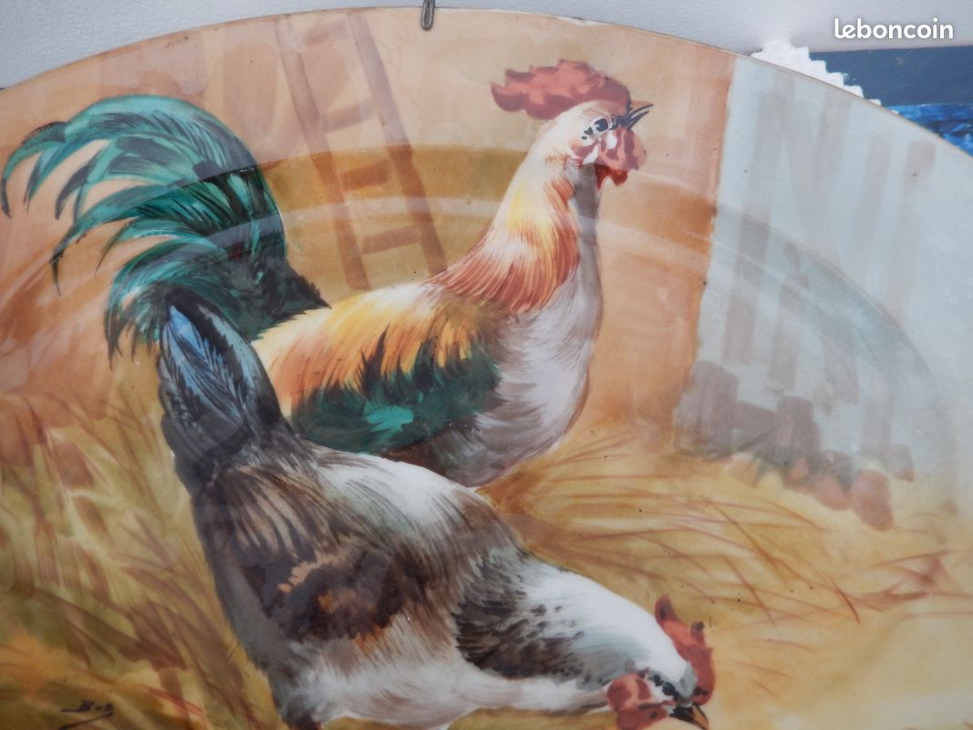 Très grand plat décoratif en porcelaine - coq et poule - Décorateur - tout début 20ème (image 2)