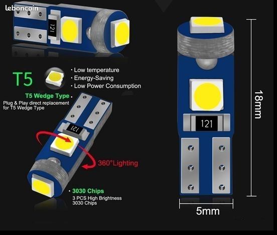 Ampoule LED T5 pour éclairage intérieur de voiture W3W W1.2W - Équipement  auto