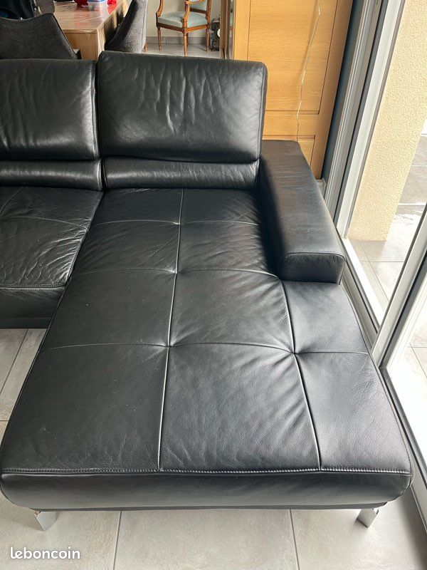 Canapé en cuir noir avec méridienne (image 3)