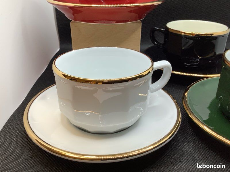 Lot De 7 Tasses à Café Porcelaine Liseret Doré - Style Bistrot - Occasion