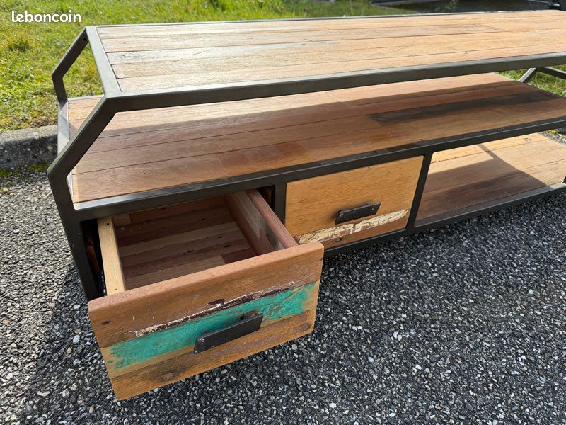 Meuble TV / table basse en bois de bateau et métal (image 2)