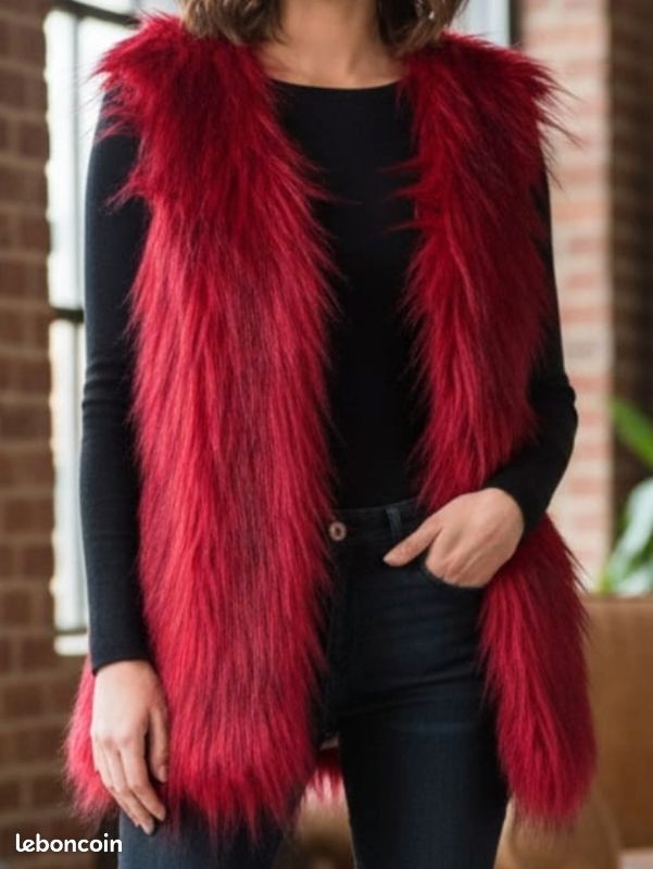Gilet Sans Manches Fourrure Rouge Bordeaux - Taille 38/40/42, Occasion Comme Neuf