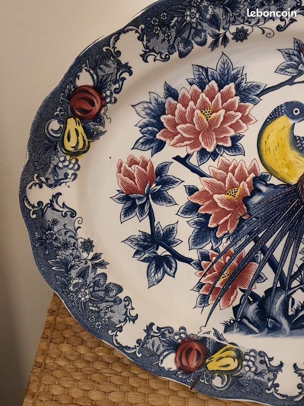 Grand plat ovale de service vintage - Décor oiseaux et fleurs - 47 cm (image 11)