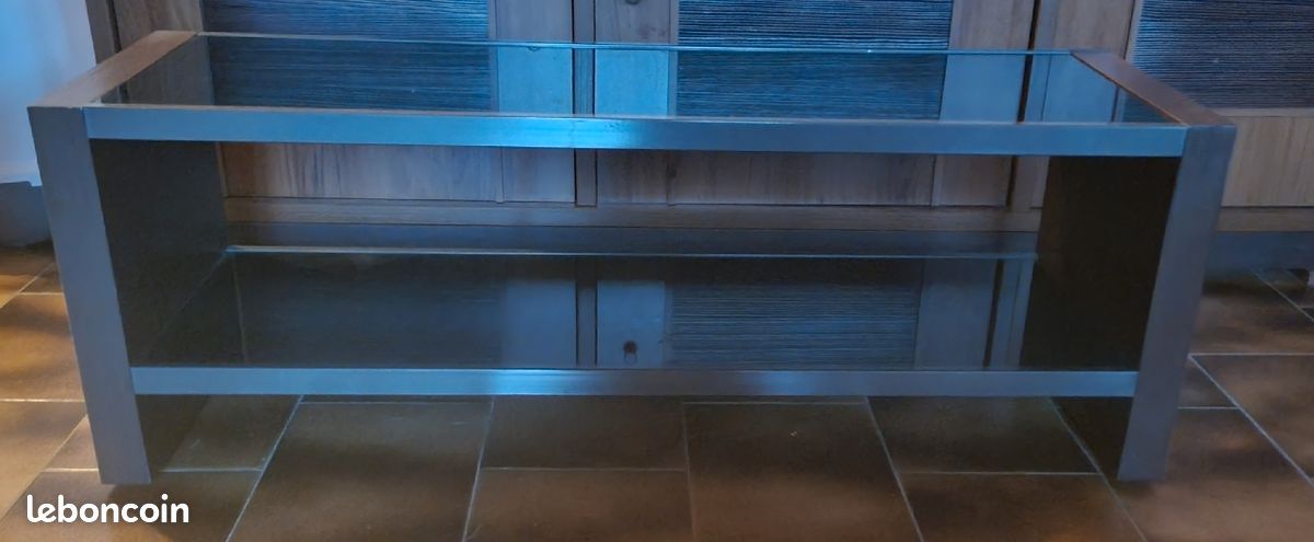 Meuble TV bas verre et plaquage bois (image 1)
