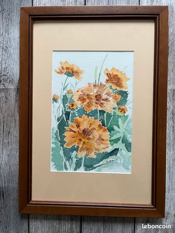 Tableau« Ho Les Jolies Fleurs « Aquarelle signé (image 1)