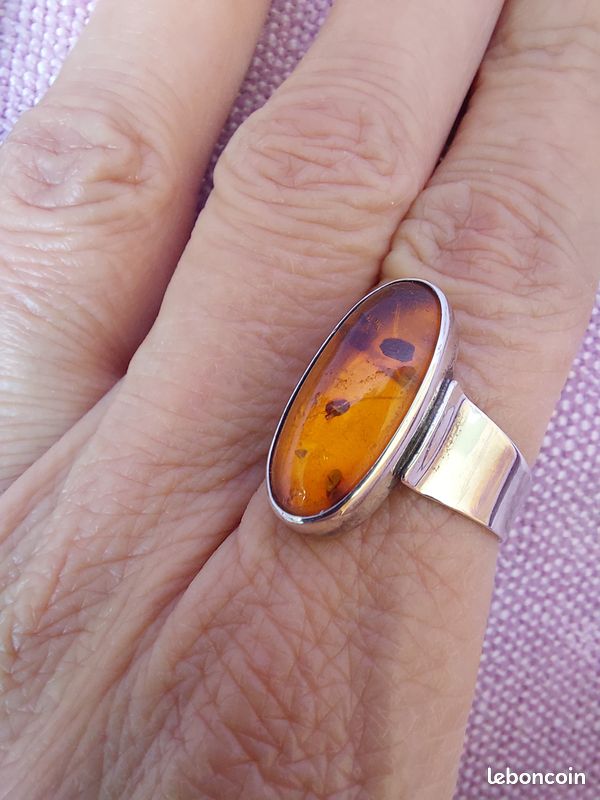 Bague Ancienne En Argent 925 Avec Cabochon D'Ambre - Taille 54 - Style Vintage/Antique - Occasion