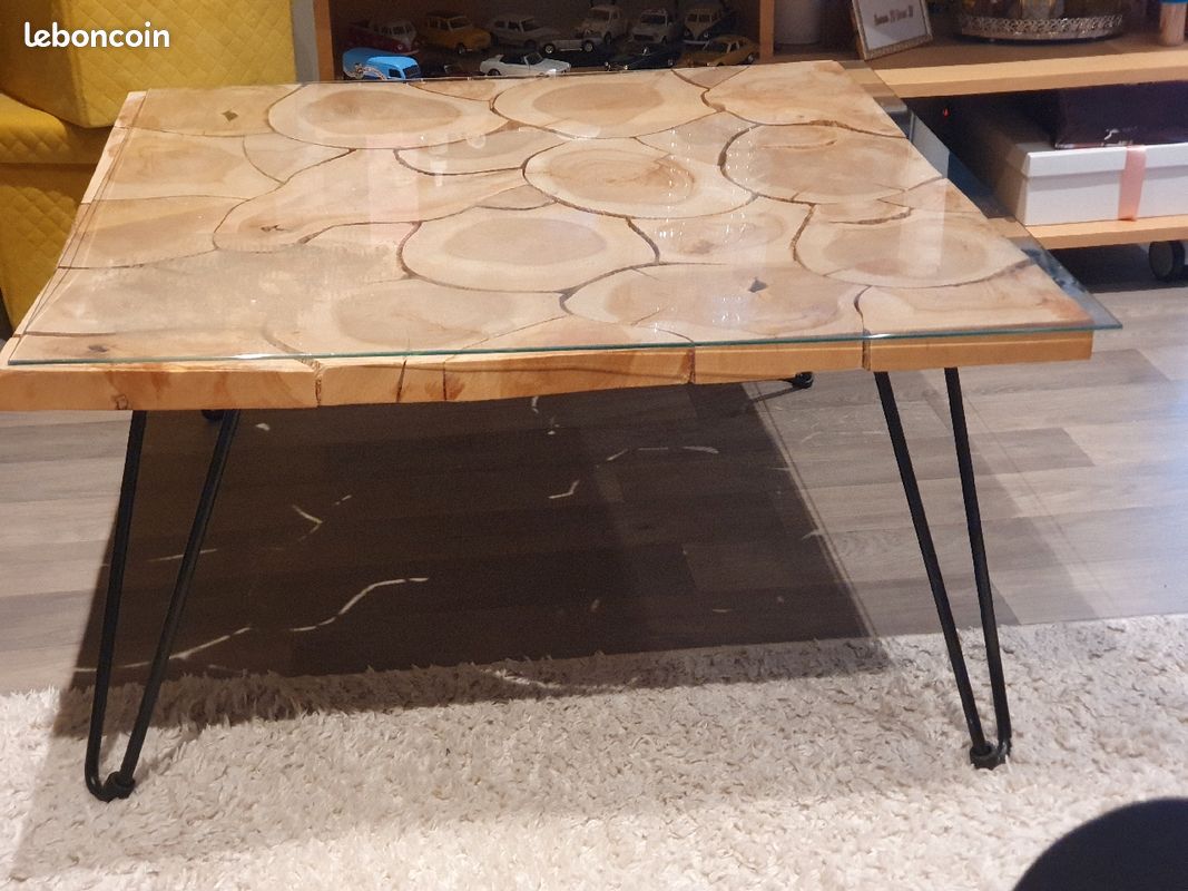 Table basse plateau en teck et pieds en métal noir + vitre (image 1)