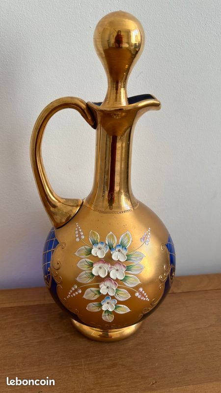 Vase En Verre Bleu Cobalt Vintage Avec Motif Floral émaillée