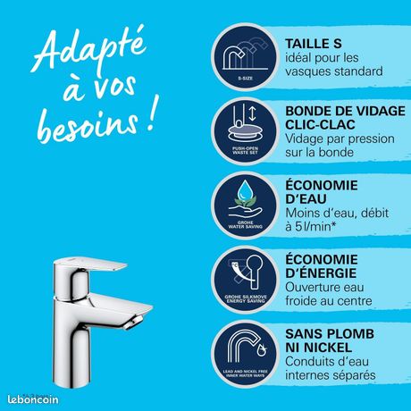 Robinet Lavabo GROHE Start Edge • Mitigeur Sans Tirette • Chromé • Mousseur Économique • Easy Install