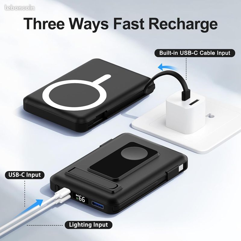 Batterie Externe Power Bank Sans Fil Aspiration Magnétique 10000mAh