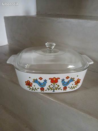 Cocotte Pyroflam Carrée Vintage - Plat à Four Verre Blanc/bleu Avec Couvercle