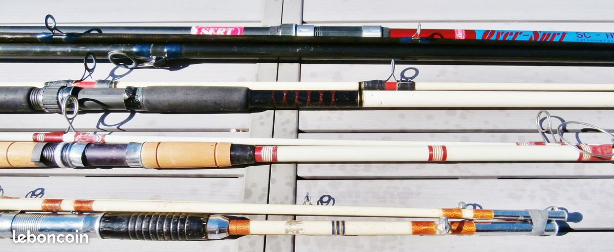 Cannes à pêche surf casting 4,5 m carbone + autres cannes en fibre de verre pleines et creuses – Pêche au gros – 1 Long piquet pour cannes surf casting – Moulinets divers petits et très gros (image 14)