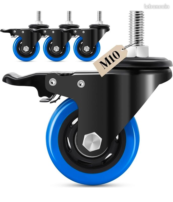 Jolan Lot 4 Roulettes Pivotantes Nylon Avec Frein - M8/M10/M12 - Charge 400 Kg - Roues Meubles Lourdes 40mm