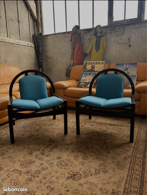 Paire de fauteuils Baumann Argos vintage, tissu bleu d’origine (image 1)