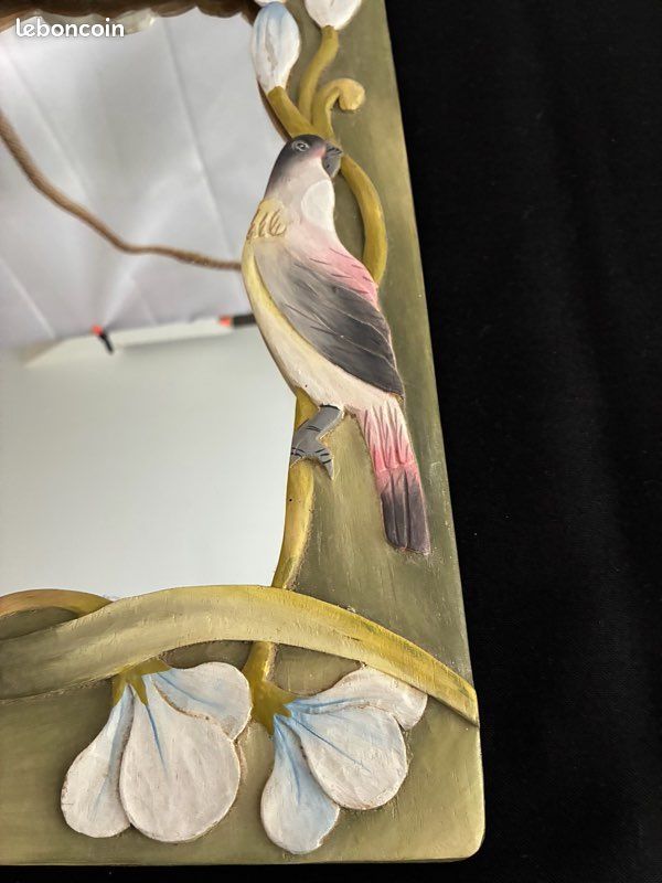 Miroir vintage en bois sculpté oiseau et fleurs (image 2)
