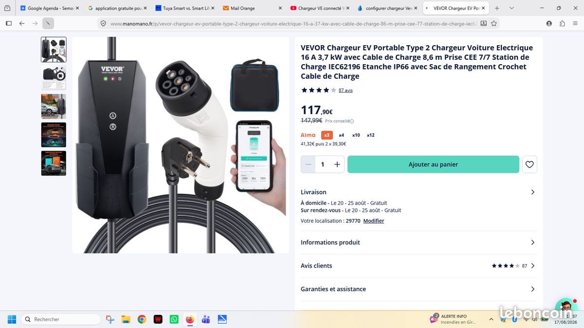Câble recharge T2 prise schuko 16Amp Vévor 5 mètres (image 1)