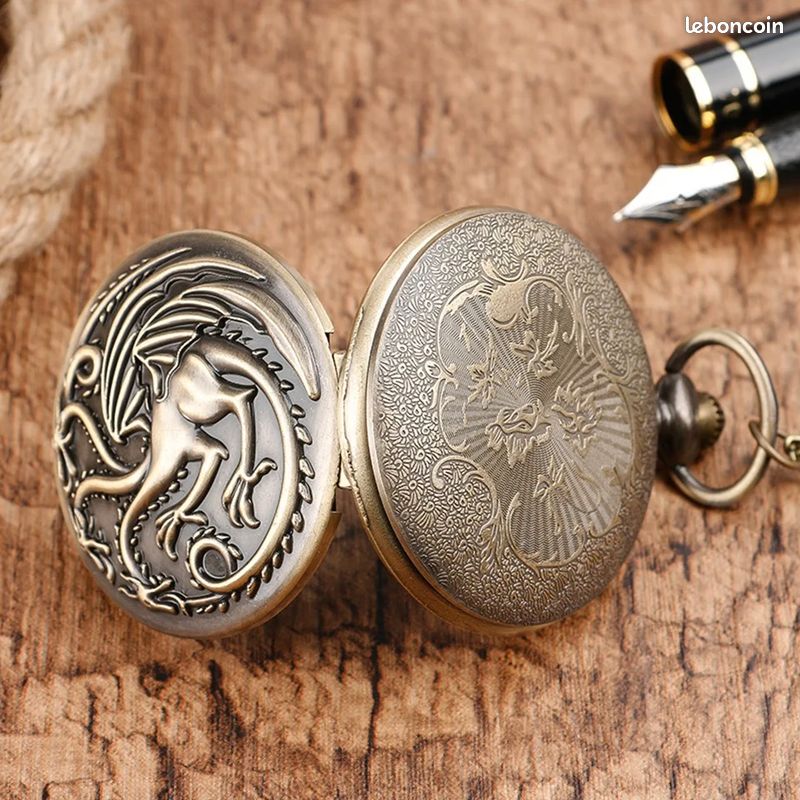 Chaîne De Montre De Poche ZTA Albert - Motif Dragon, Argent/Or/Noir/Bronze
