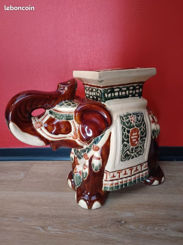 Grand éléphant céramique porte plante guéridon support bohème colonial exotique indien (image 17)