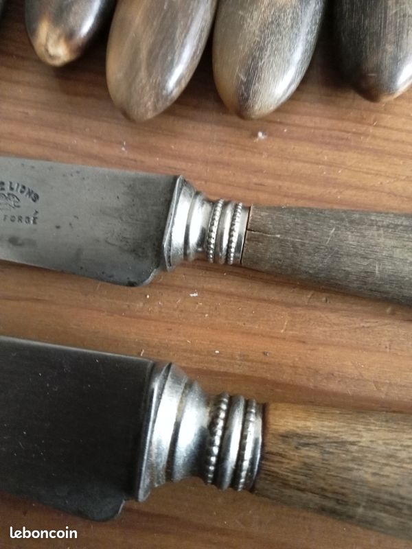 Lot De 8 Grands Couteaux Touron Paris - Lame Acier, Manche Corne Monogrammé - Vintage