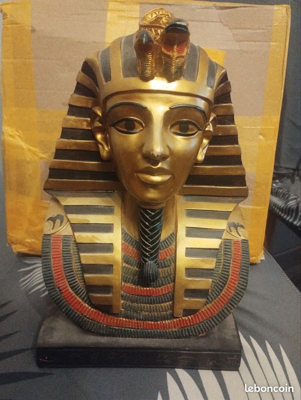Statuette Buste Toutankhamon Sur Socle – Figurine Égyptienne Résine 11 Cm, Décoration Pharaon Or Et Bleu, Idée Cadeau Histoire Antique