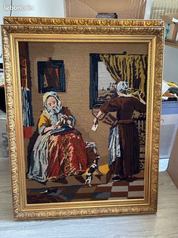 Lot de 3 Grand tableau canevas vintage brodé main – Les enfants dessinateurs, cadre doré (image 3)