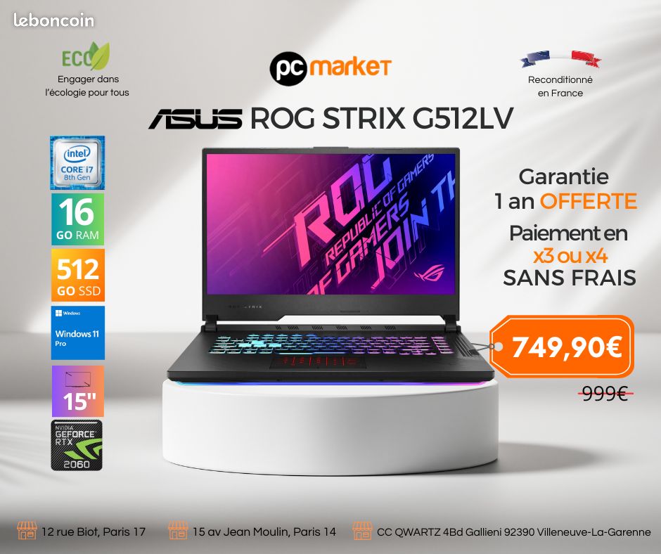 PC Portable Gamer ASUS ROG Strix G512LV - I7 10e, RTX 2060, SSD 512 Go, 15,6''
