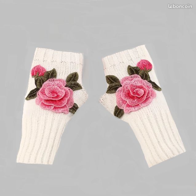 PROMO - Mitaines en laine Blanc cassé - Fleur Rose (image 4)