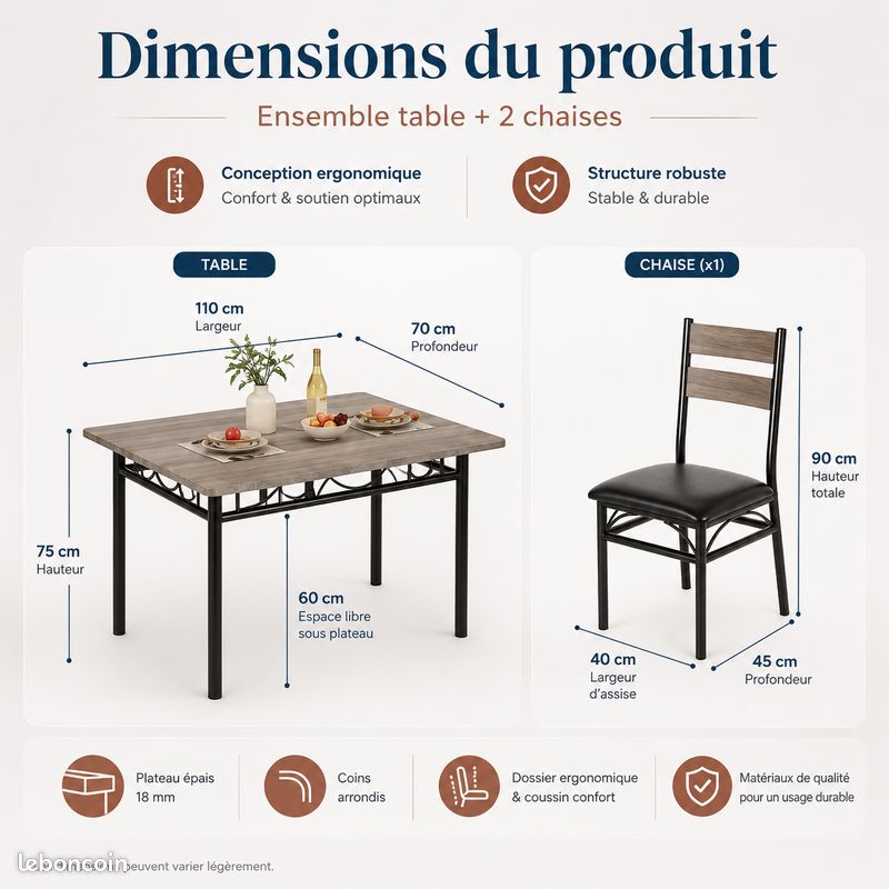 Ensemble table 2 chaises design chic minimaliste noir prestige intemporel (image 6)