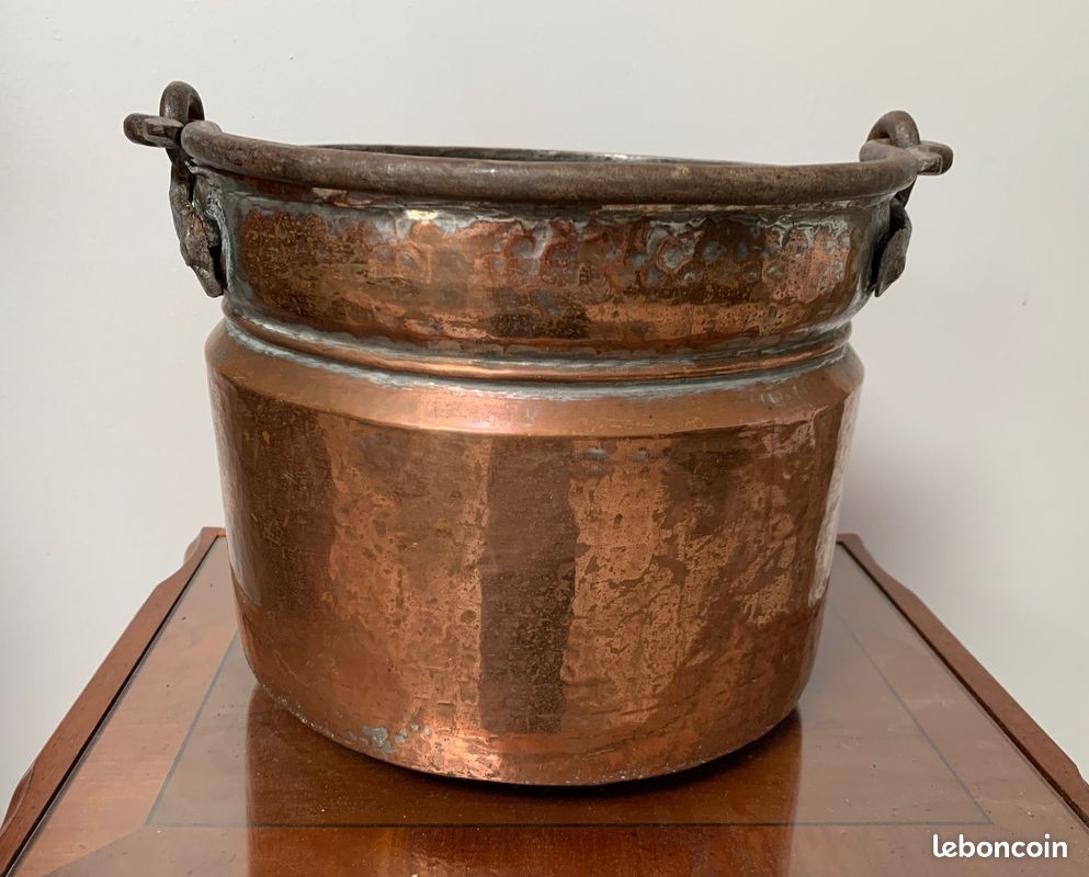Chaudron Cache-pot Tripode En Cuivre Martelé, Anse Fer Forgé, Déco
