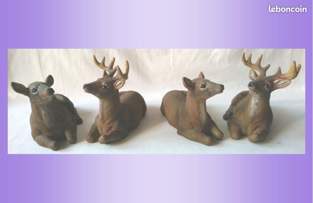 Figurines : 2 couples composés d’un cerf et d’une biche couchés (soit 4 pièces au total), en résine colorée rappelant leurs couleurs naturelles, à poser, à l’intérieur voire à l’extérieur | TBE (image 2)
