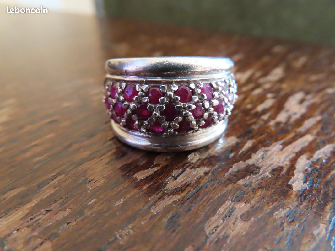 Bague Ancienne En Argent, Taille 60, Sertie De Rubis - Demi Alliance, Parfait état Vintage - Bijou De Caractère
