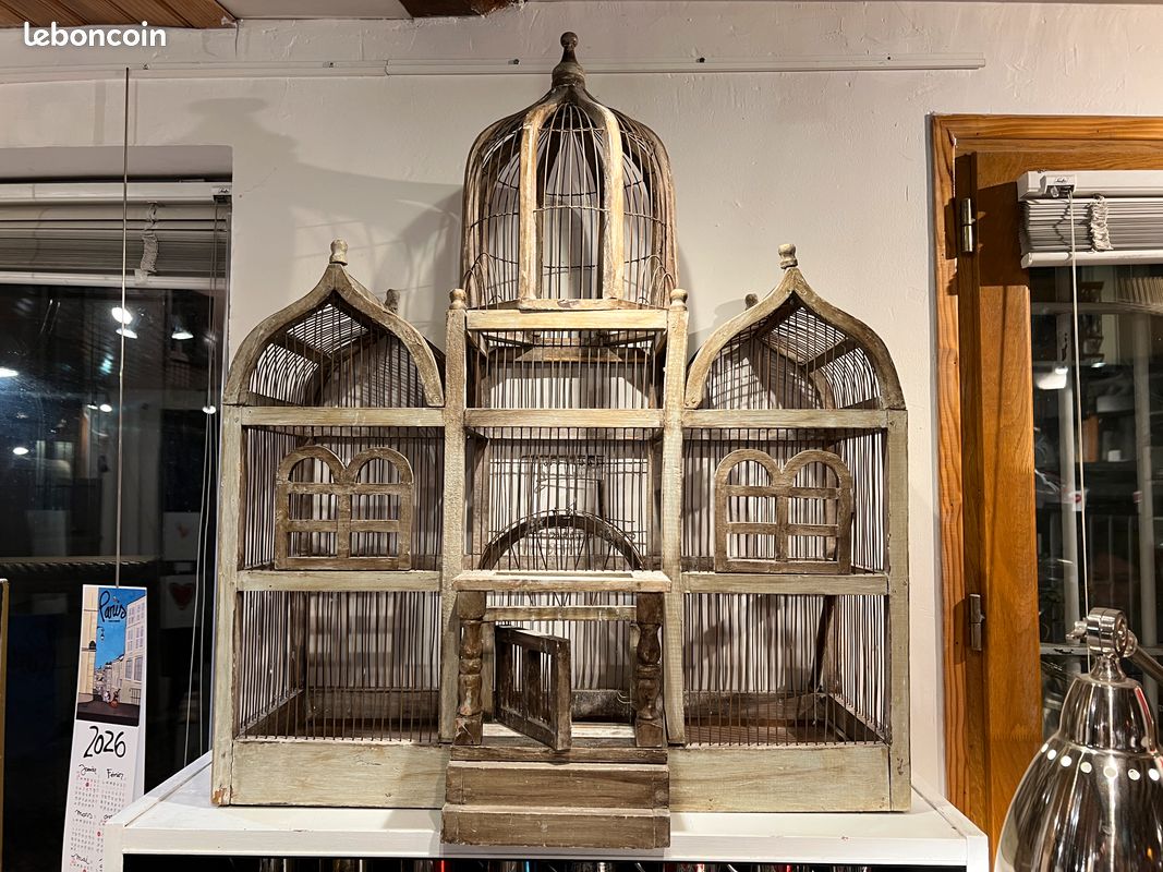 Cage à Oiseau Ancienne En Bois - Poupée De Salon - France Années 1960