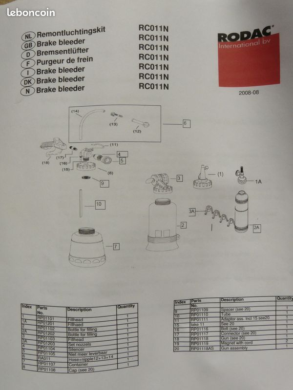 Purgeur de frein pneumatique - RC011N de RODAC