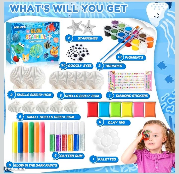 Kit De Peinture Sur Coquillages Pour Enfants - 14 Coquillages Naturels, Peintures, Paillettes, Yeux (Activité DIY 4-12 Ans)