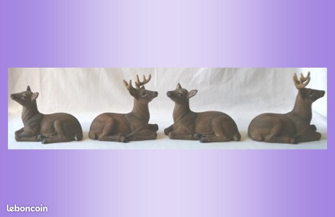 Figurines : 2 couples composés d’un cerf et d’une biche couchés (soit 4 pièces au total), en résine colorée rappelant leurs couleurs naturelles, à poser, à l’intérieur voire à l’extérieur | TBE (image 4)