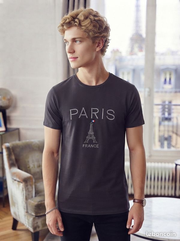 T-Shirt Homme Noir Paris Tour Eiffel Vintage Coupe Ample Oversized XL (image 4)